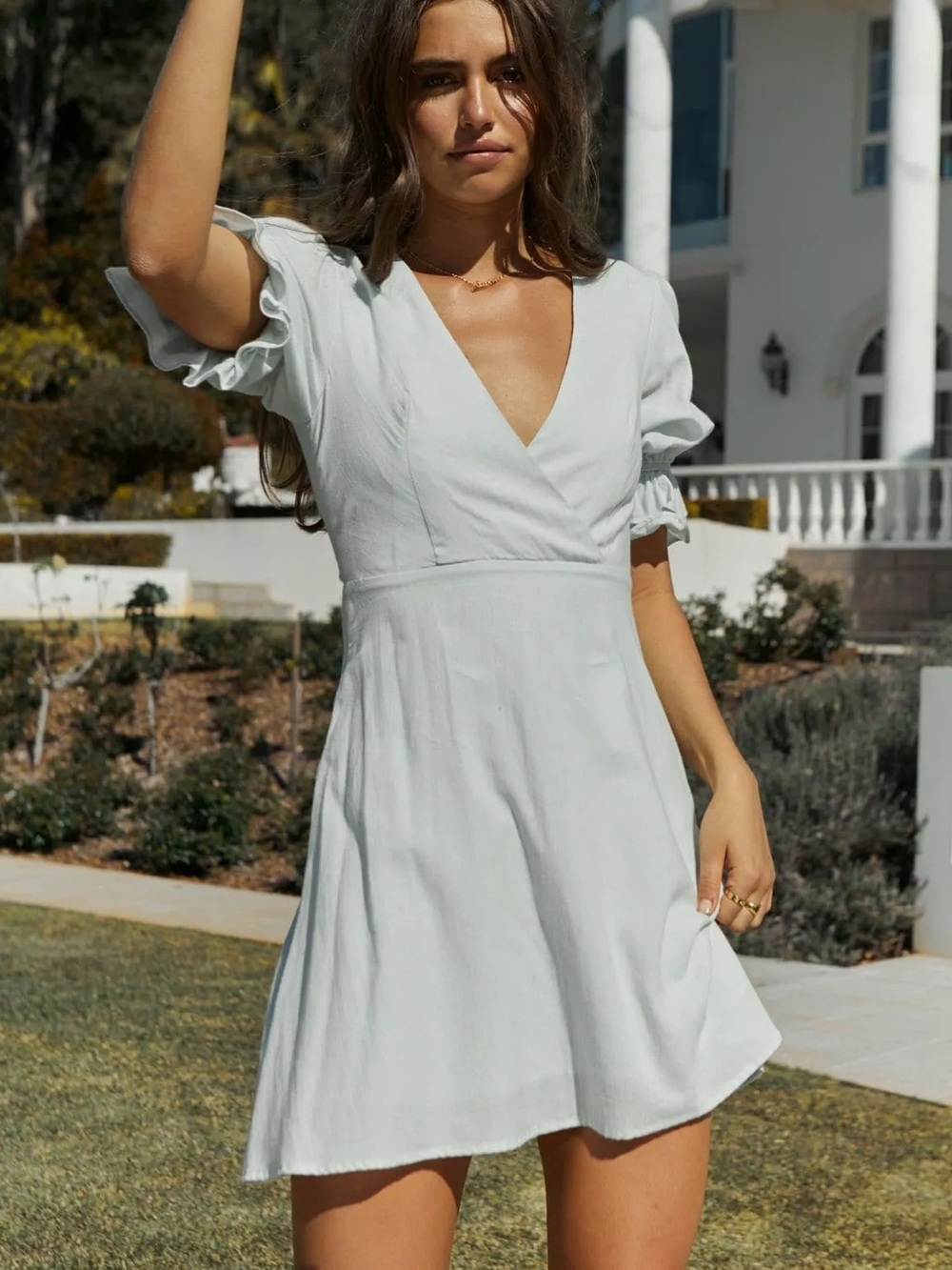 Girl & The Sun Dusty Blue Amina V-Neck Ruffle Mini Dress Coastal Cottagecore XS